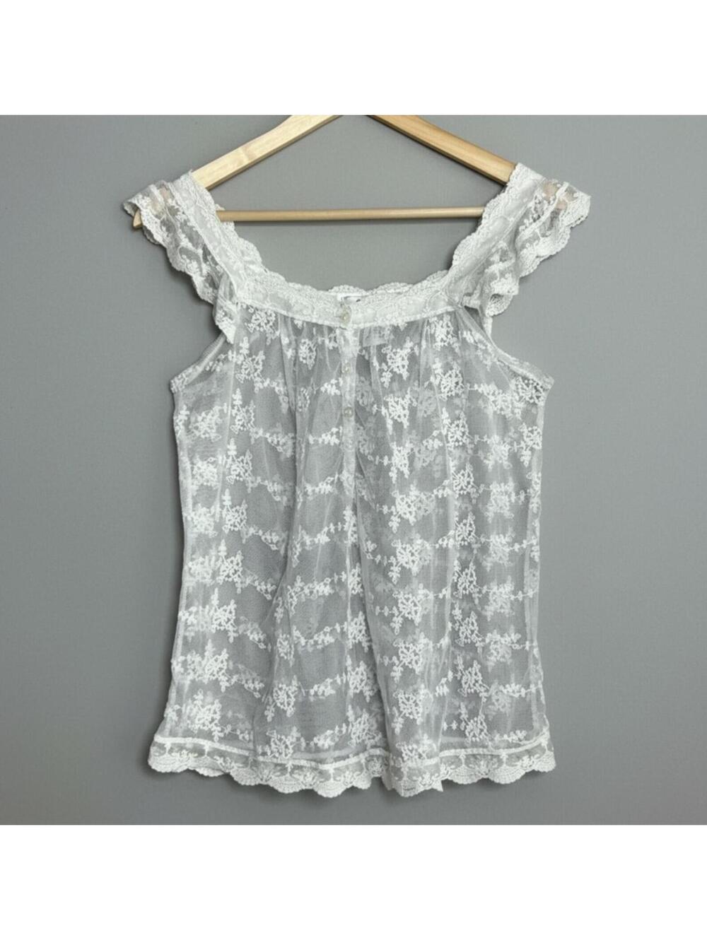 Pinky White Floral Lace Sleeveless Blouse Sheer Boho Ruffle Trim Size M